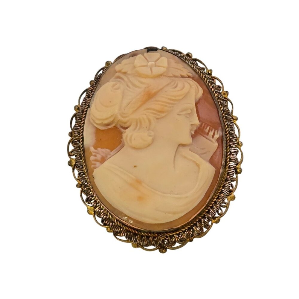 Vintage Gold Filled Or Brass Beautifully Carved Cameo Brooch Pendant (A7707)